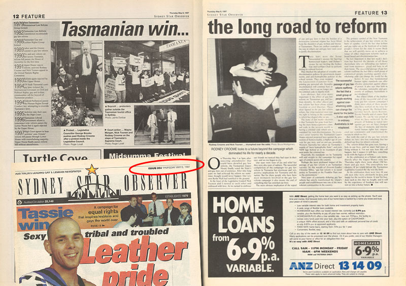How the Star Observer (then known as Sydney Star Observer) covered the decriminalisation of homosexuality in Tasmania in its May 8, 1997 issue. (Source: Star Observer archives)