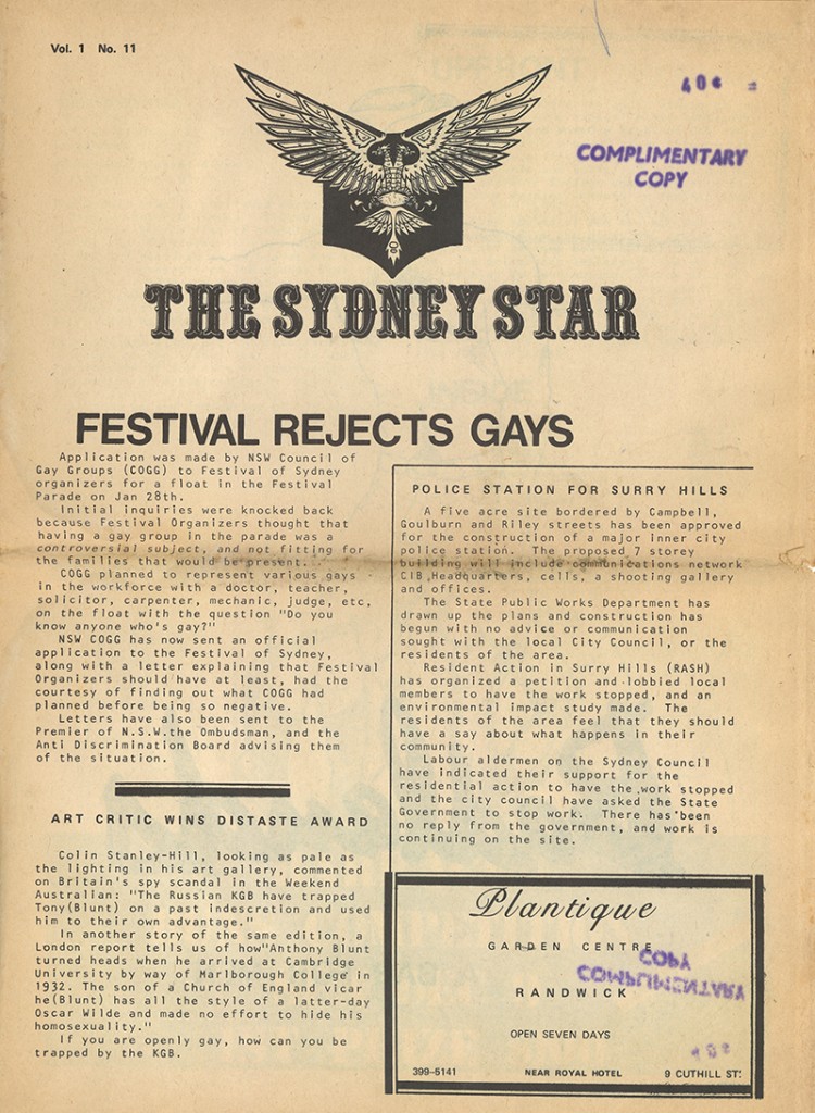 The Star Observer's earliest edition - from 1979 - in the archives. Page 1