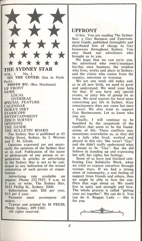 Star Observer: Issue 1, page 3 - first editorial column by Michael Glynn (Source: Australian Lesbian & Gay Archives)