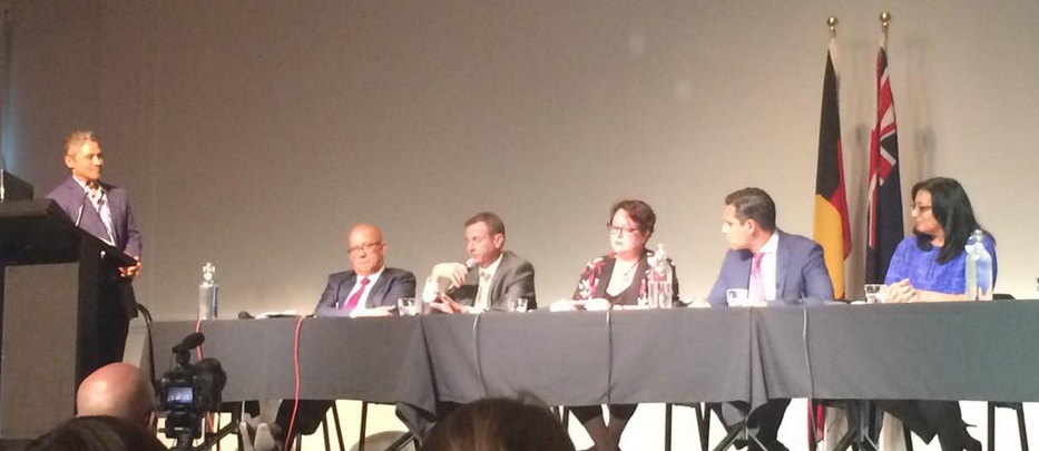The panel at the NSW LGBTI community election forum. (L-R:) MC Anton Enus (SBS journalist); Nationals' Trevor Khan, Liberal's Bruce Notley-Smith, Labor's Penny Sharpe, independent Alex Greenwich and Green's Mehreen Faruqi.