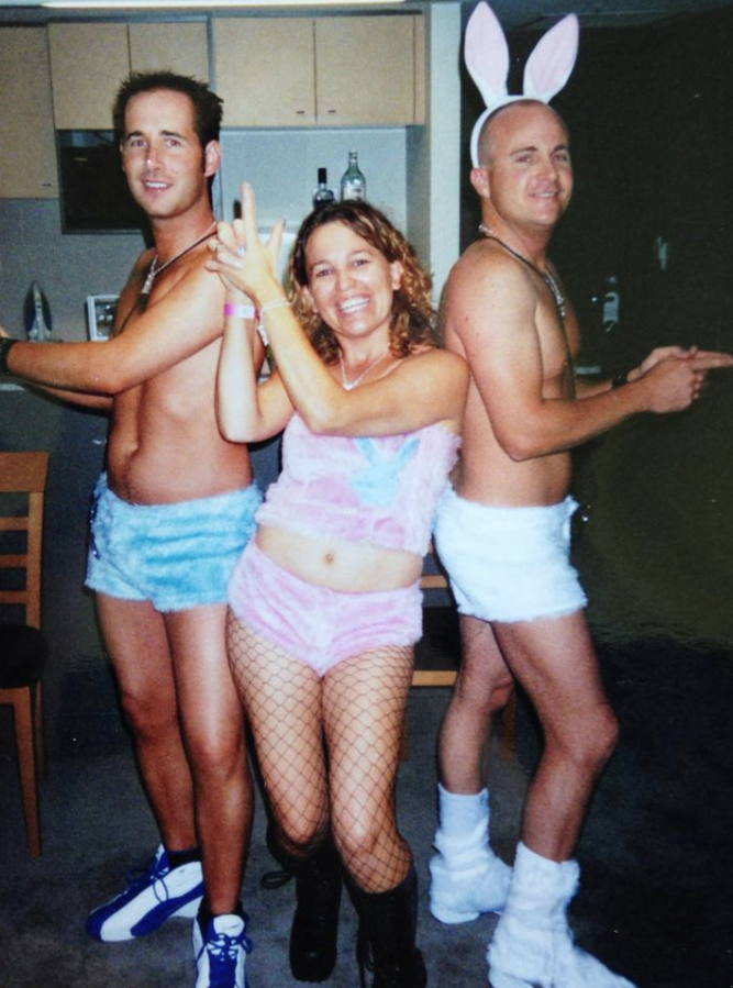 L-R: Adrian Tilby, Teresa Leggett and Michael Gardiner dressed as “fluffy bunnies” for their first Mardi Gras in 2004.