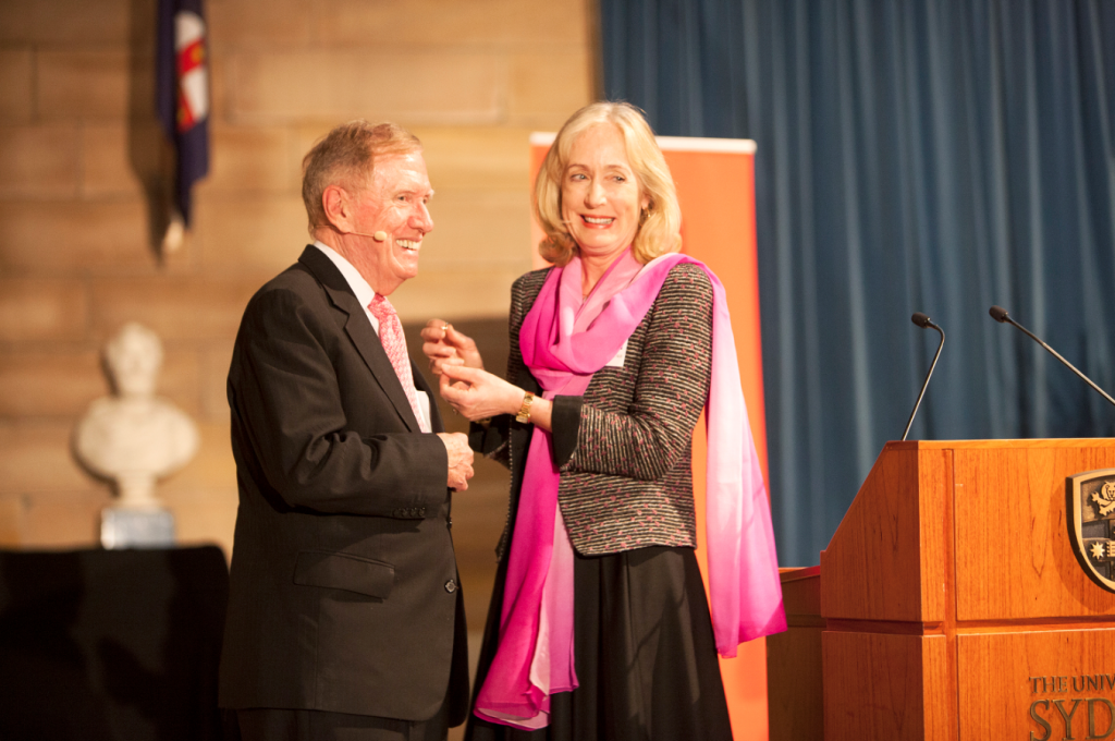 Michael Kirby is presented with his pin as the first member of University of Sydney's new Ally network by Chancellor Belinda Hutchinson. (PHOTO: Benedict Brook; Star Observer)