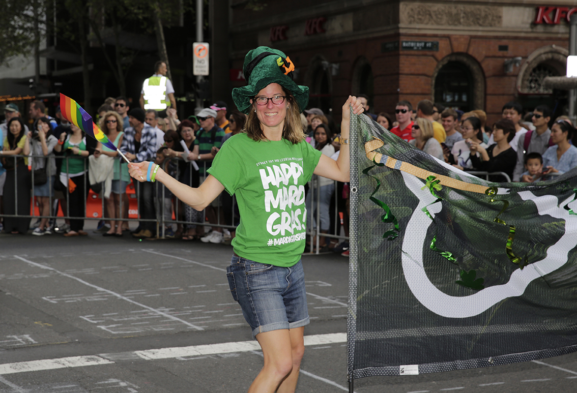 Michelle Bauer marching with the Sydney Gay and Lesbian Mardi Gras contingent at this year's St Patrick's Day street parade in Sydney. (Photo: Ann-Marie Calilhanna; Star Observer)