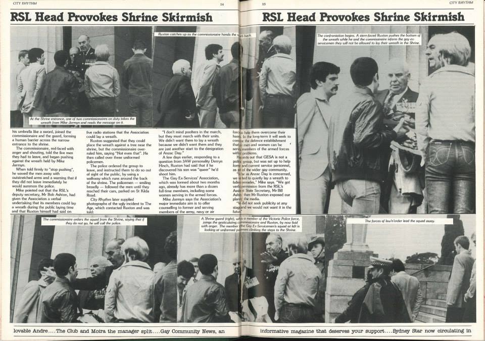 Melbourne gay newspaper City Rhythm captured the moment gay ex-servicement were barred from taking part in Melbourne's ANZAC Day commemorations in 1982. (Image supplied by DEFGLIS)