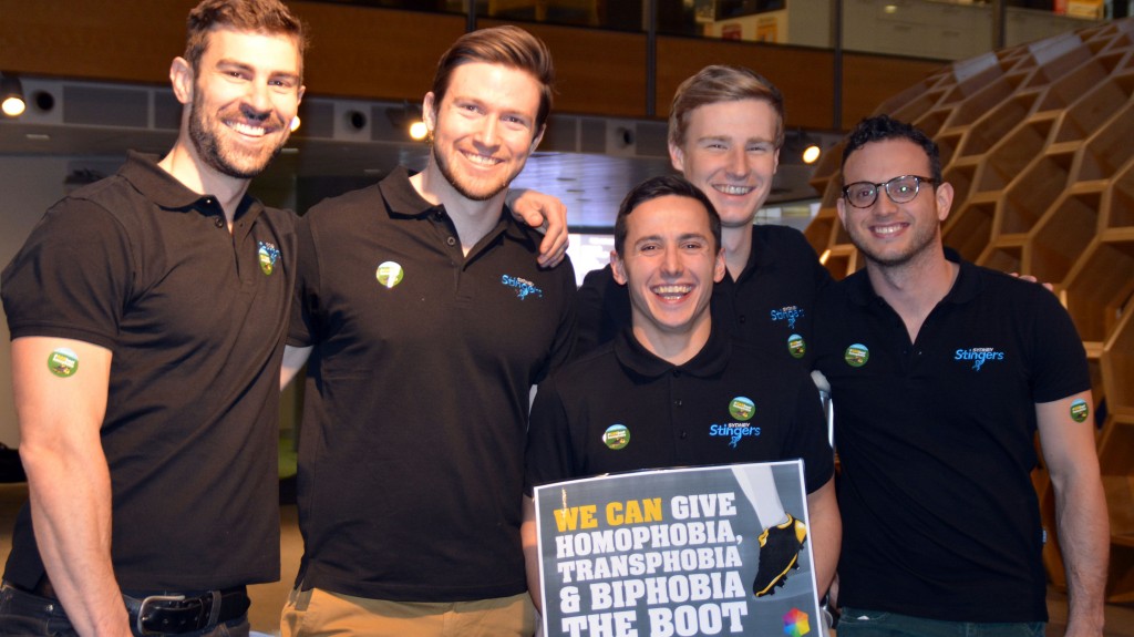 The gay waterpolo team the Sydney Stingers were at CommBank's Sydney HQ for the IDAHOT fundraiser 