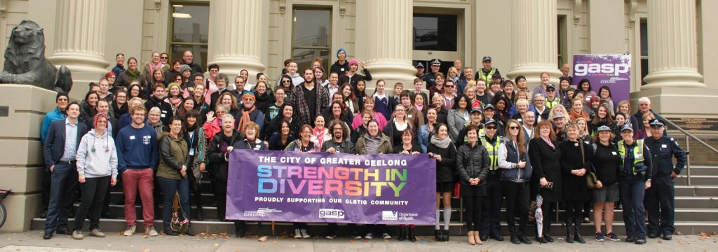 Geelong community members celebrate the raising of the rainbow flag ahead of IDAHOT on Sunday (Supplied image)