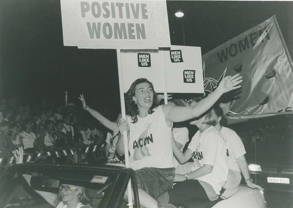 ACON’S Positive Women Mardi Gras parade float, 1996. ACON has supported women since 1985 by providing a range of services and support groups. (Source: Star Observer archives)