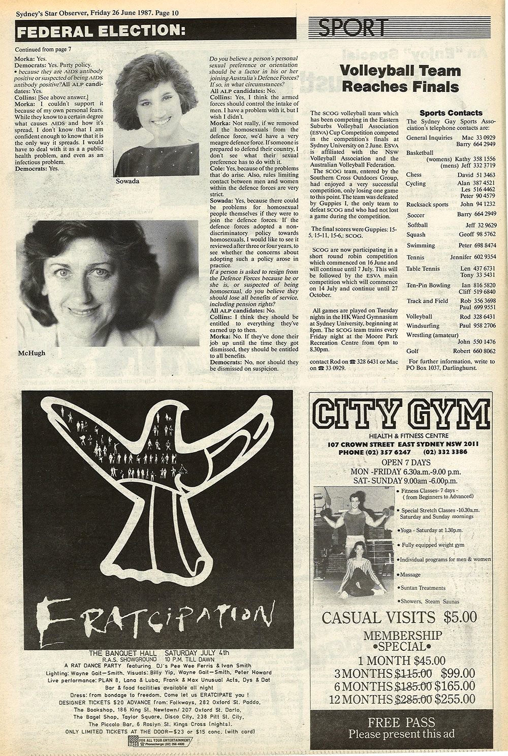 The federal election candidates try to woo the "pink vote" in the Sydney Star Observer, Friday June 26, 1987 (Source: Star Observer archives)