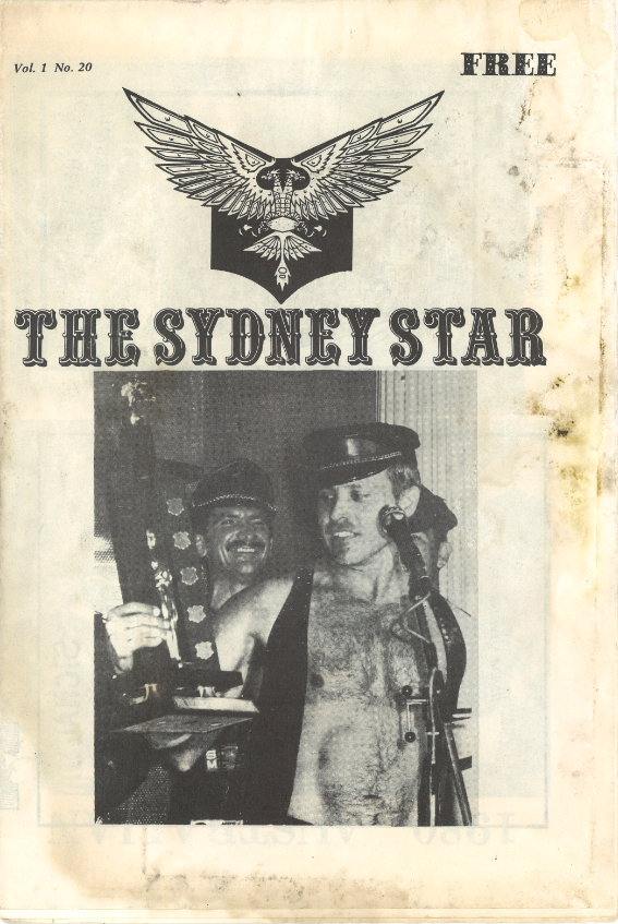 The cover of The Sydney Star (vol.1, no.20) announcing Patrick Brookes as the winner of the local Mr Leather contest. Pictured is Brookes accepting his award at Stranded, a popular gay haunt in Sydney. He went on to represent Australia in the 1980 International Mr Leather Contest and won.