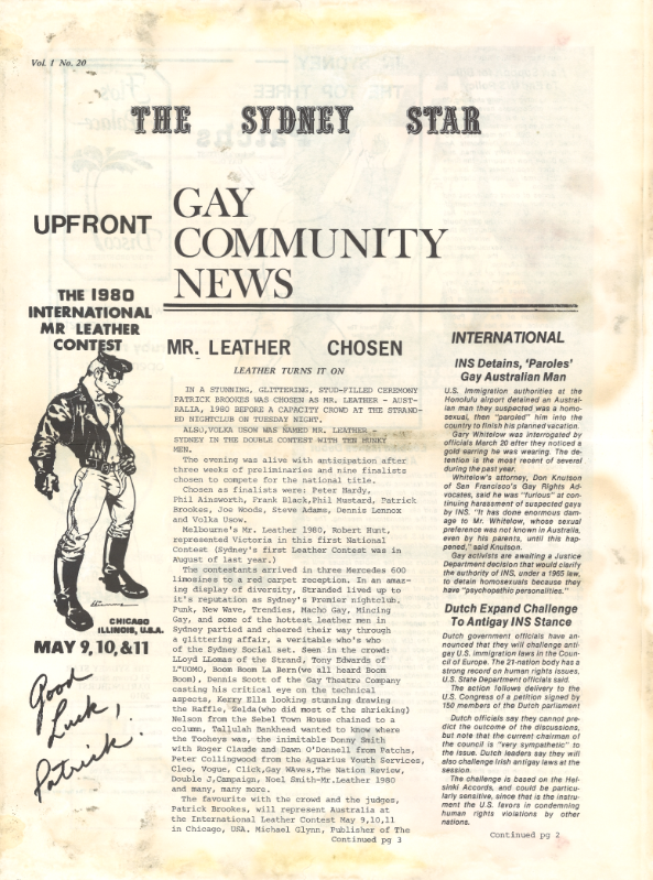 The front page story  (The Sydney Star, vol.1, no.20) announcing Patrick Brookes as the winner of the local Mr Leather contest.