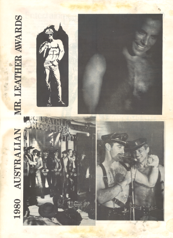 Scene photos (The Sydney Star, vol.1, no.20) from the 1980 Australian Mr Leather Awards, in which Patrick Brookes won.