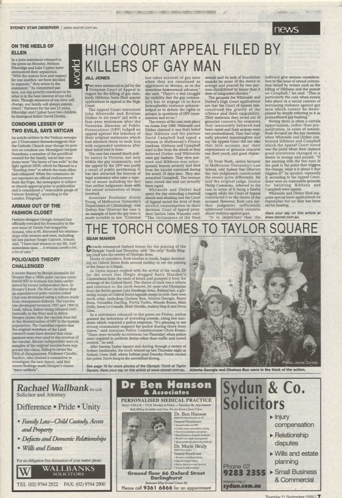 The story by Sean Maher on page 7 of SSO's issue 526 recounts the day the Olympic Torch visited Oxford St ahead of the Sydney 2000 Olympics. (Sydney Star Observer; Thursday, September 21, 2000, Issue 526)