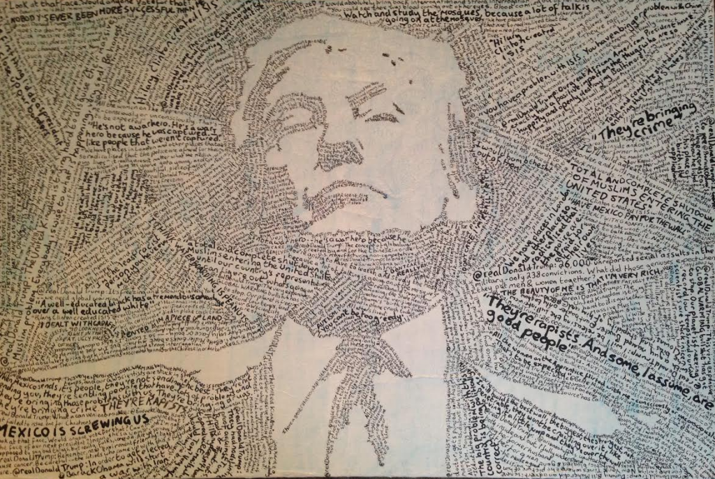 Conor Colin's latest artwork: a collage of offensive comments shaped into a portrait of Donald Trump. (Supplied photo)