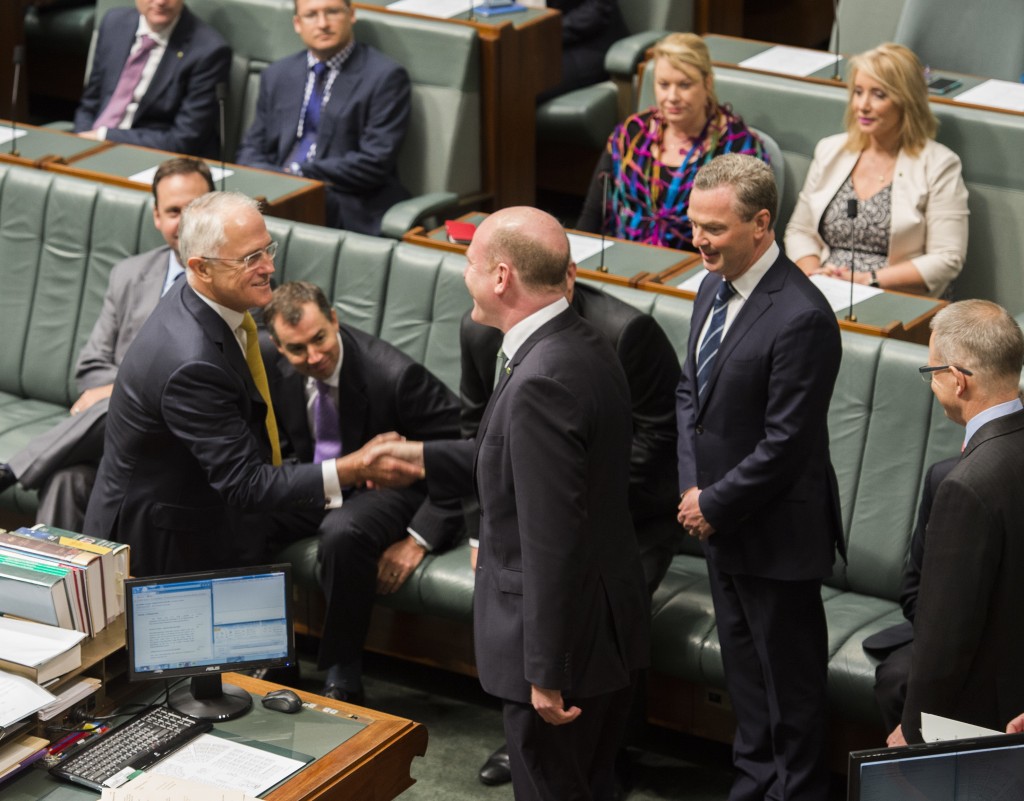North Sydney federal Liberal MP Trent Zimmerman congratulated by Prime Minister Malcolm Turnbull. (Photo: Supplied.)