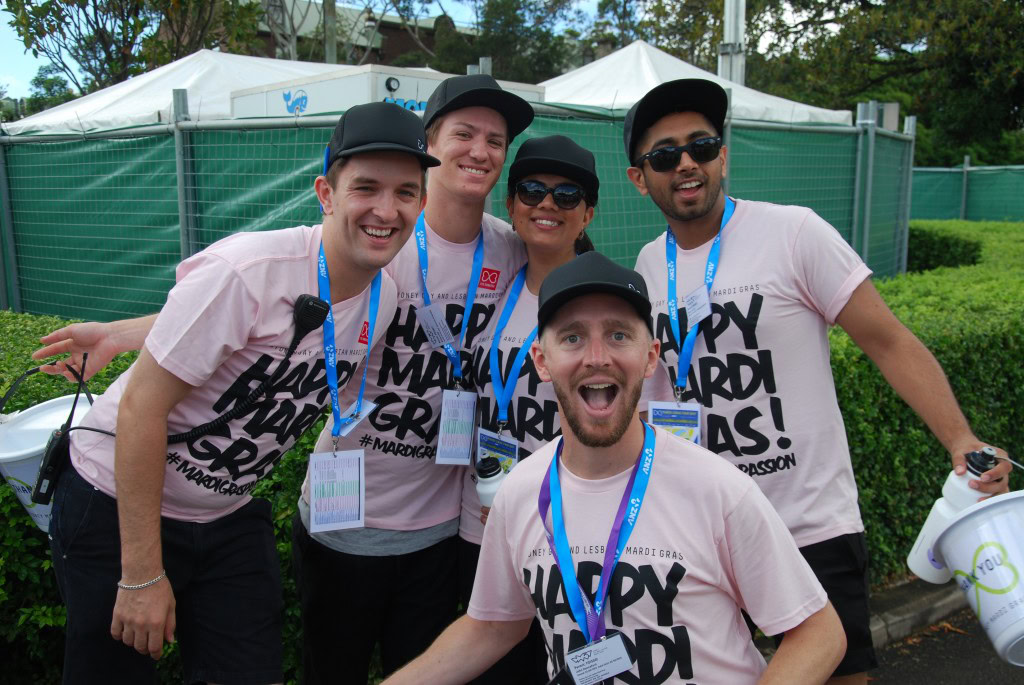 John Hannaford (front, centre) with Mardi Gras volunteers in 2015. (Supplied image)