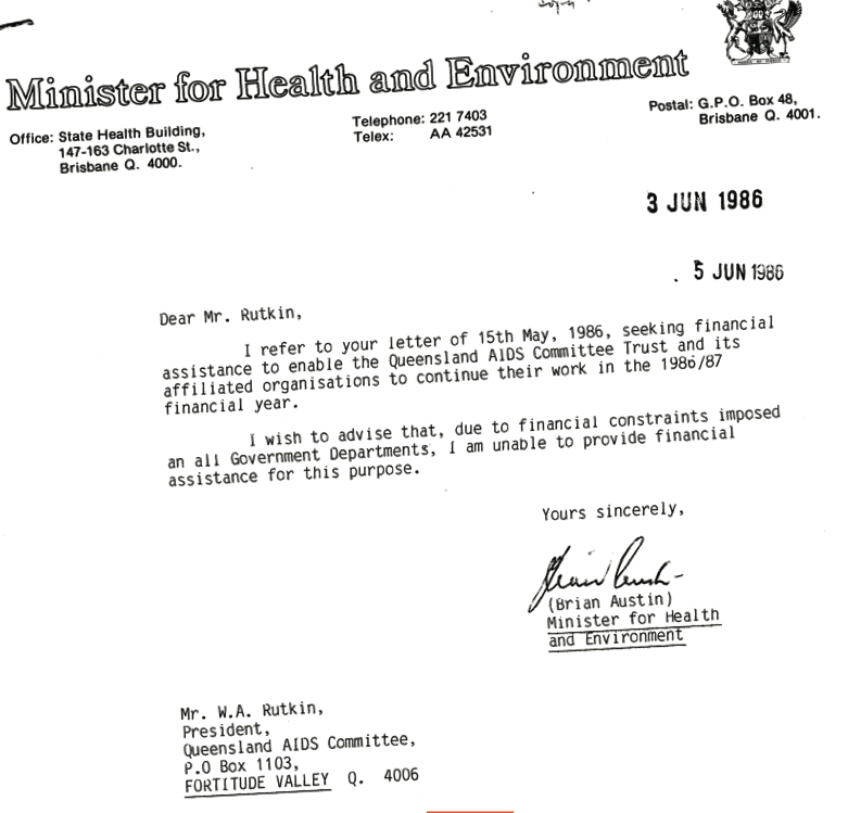 Health Minister Brian Austin refused to fund the Queensland AIDS Committee well into 1986 (June 3, 1986, QAHC Archives)