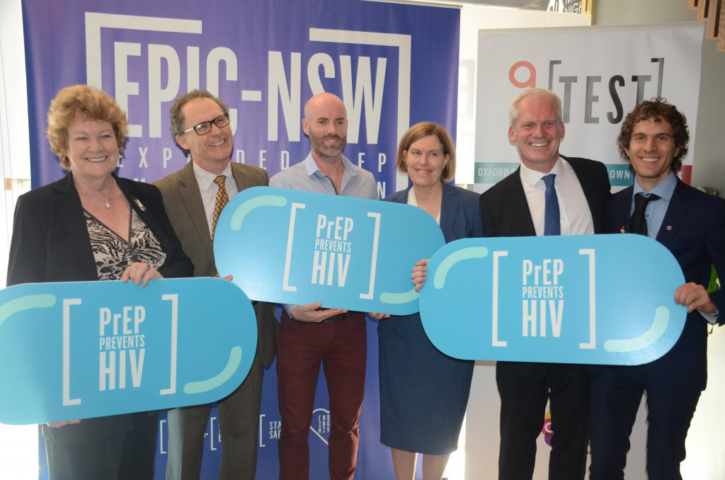 (L-R) NSW Health Minister Jillian Skinner, Kirby Institute's Professor Andrew Gurlich, Tom Spillane, NSW Chief Health Officer Dr Kerry Chant, ACON CEO Nicholas Parkhill, ACON President Justin Koonin
