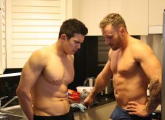 Stevie (Francis Mossman) and Saxon (Adam George) on set of the new season.