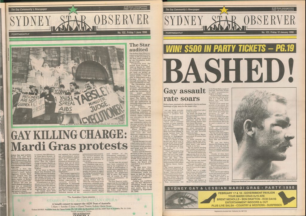 Some of the Star Observer's covers from the time of the bashings and murders