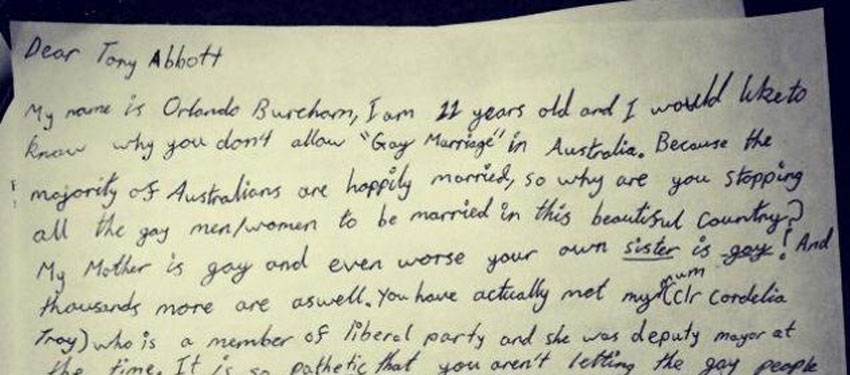 Gay marriage letters between schoolboy and Tony Abbott goes global