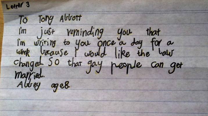 Eight-year-old makes good on promise of a week of letters to Tony Abbott for gay marriage