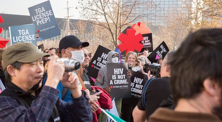 Some of the banners at an anti-stigma rally held during AIDS 2014 in Melbourne. (Supplied photo)