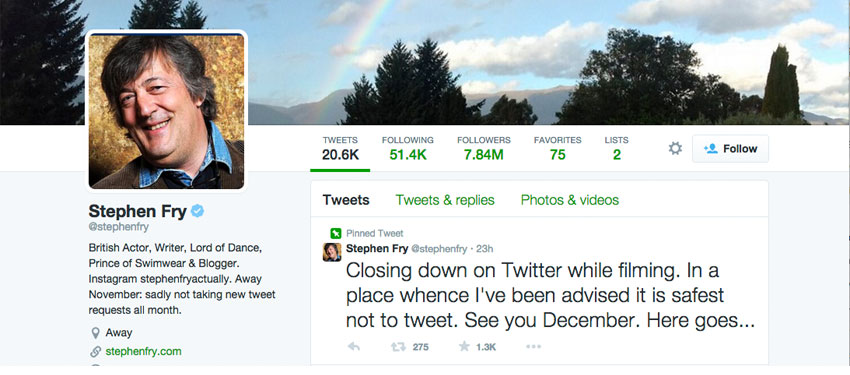 Stephen Fry temporarily quits Twitter for safety reasons