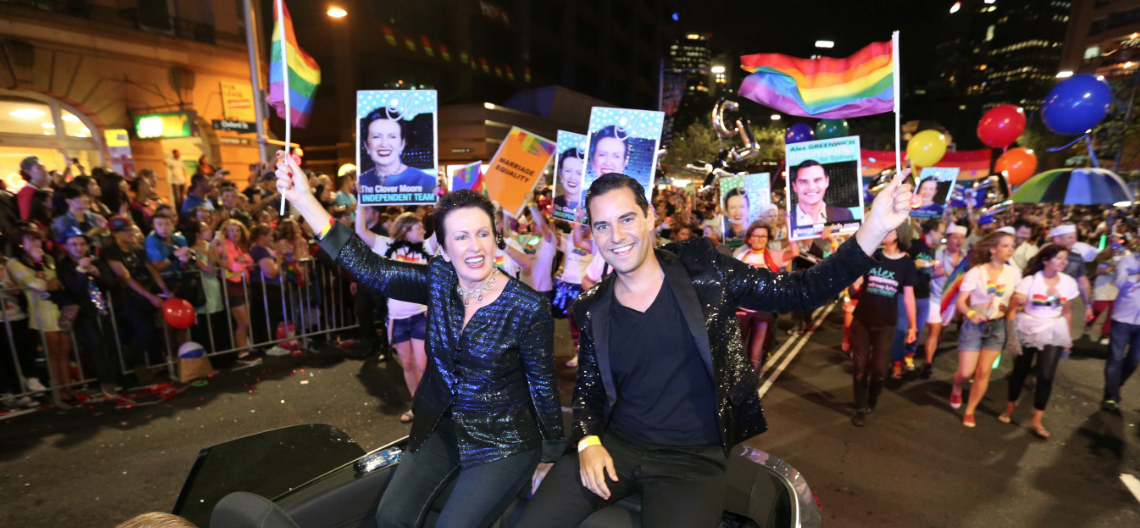 City of Sydney Lord Mayor Clover Moore and Sydney state independent MP Alex Greenwich in the 2014 Sydney Gay and Lesbian Mardi Gras Parade (supplied photo)