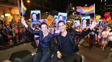 City of Sydney Lord Mayor Clover Moore and Sydney state independent MP Alex Greenwich in the 2014 Sydney Gay and Lesbian Mardi Gras Parade (supplied photo)