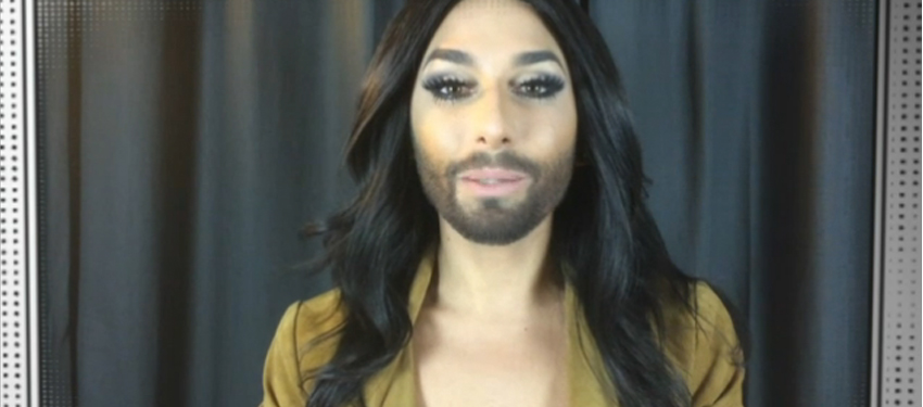 Eurovision2014 winner Conchita Wurst during her brief appearance during SBS' Sydney Gay and Lesbian Mardi Gras coverage on Sunday night.