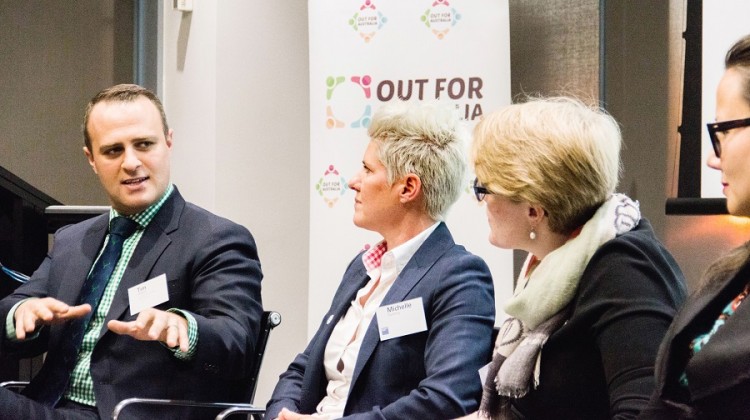 Human rights commissioner Tim Wilson speaking at the Melbourne launch of Out For Australia. (Photo: Matto Lucas)