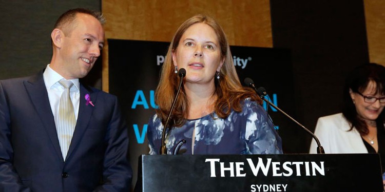 Suzi Russell-Guildford accepts the AWEI award for PricewaterhouseCoopers, the most LGBTI-friendly workplace in Australia for the second year in a row. (PHOTO: Ann-Marie Calilhanna; Star Observer)