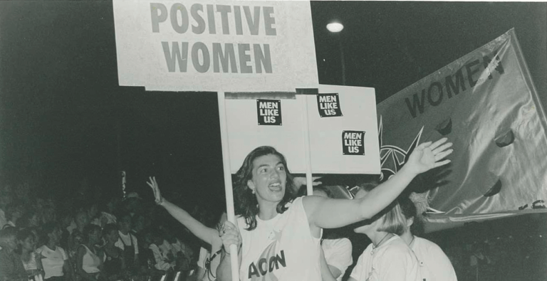 ACON’S Positive Women Mardi Gras parade float, 1996. ACON has supported women since 1985 by providing a range of services and support groups. (Source: Star Observer archives)