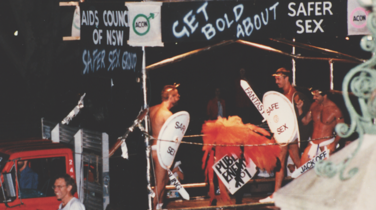 ACON’s first Mardi Gras Float, 1986. Since this first entry, ACON’s Mardi Gras float has grown to one of the largest in the parade. (Source: Star Observer archives)