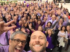 300 Sydney staff of Commonwealth Bank took part in a giant Wear It Purple selfie today to raise money for the LGBTI orgainsation. The photo was instigated by Dade Bailey (front right) who started the bank’s LGBTIQ network, Unity.