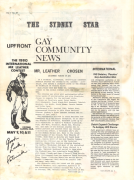 The front page story (The Sydney Star, vol.1, no.20) announcing Patrick Brookes as the winner of the local Mr Leather contest.