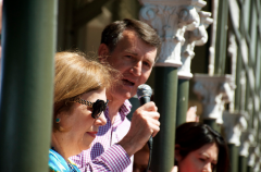 Brisbane Lord Mayor Graham Quirk addresses the crowd at the Brisbane Pride Rally (PHOTO: David Alexander; Star Observer)