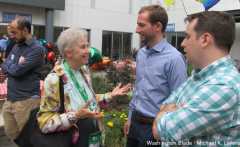 Sister Jeannine Grammick, co-founder of the Maryland-based New Ways Ministry, speaks to Michael Tomae from Owning Our Faith, left, and Stephen Seufert of Keystone Catholics at the John C. Anderson Apartments in Philadelphia on Sept. 26, 2015. (Washington Blade photo by Michael K. Lavers)