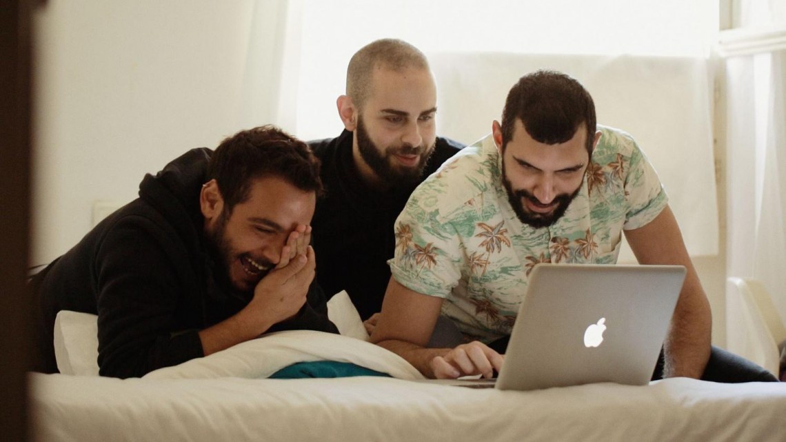 (L-R:) Khader Abu Seif, Naeem Jeriyes and Fadi Daeem star in 'Oriented', a documentary (directed by Jake Witzenfeld) about gay Palestinians living in Tel Aviv/Jaffa.