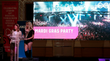 Mardi Gras CEO Michele Bauer and Courtney Act at the 2016 Sydney Gay and Lesbian Mardi Gras season launch last week. (PHOTO: Ann-Marie Calilhanna; Star Observer)