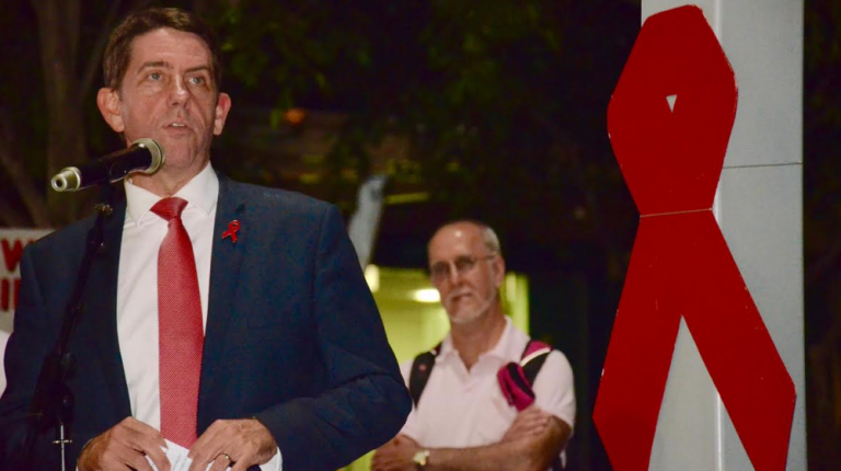 Qld Health Minister Cameron Dick speaking at the 2015 World AIDS Day Vigil in Brisbane. (PHOTO: David Alexander; Star Observer)