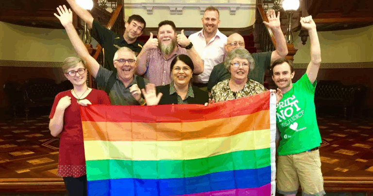 Activists celebrate the return of civil unions in Queensland Parliament House this afternoon. (PHOTO: David Alexander; Star Observer)