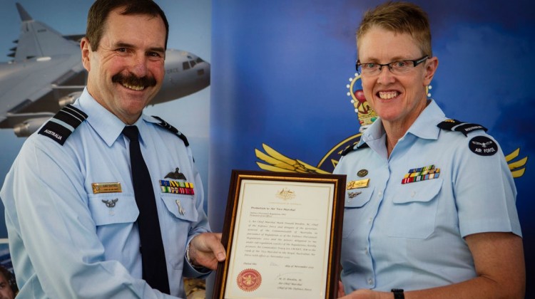 Air Marshal (Leo) Davies, Chief of RAAF (left) with Tracy Smart. (PHOTO: Supplied by the Department of Defence)