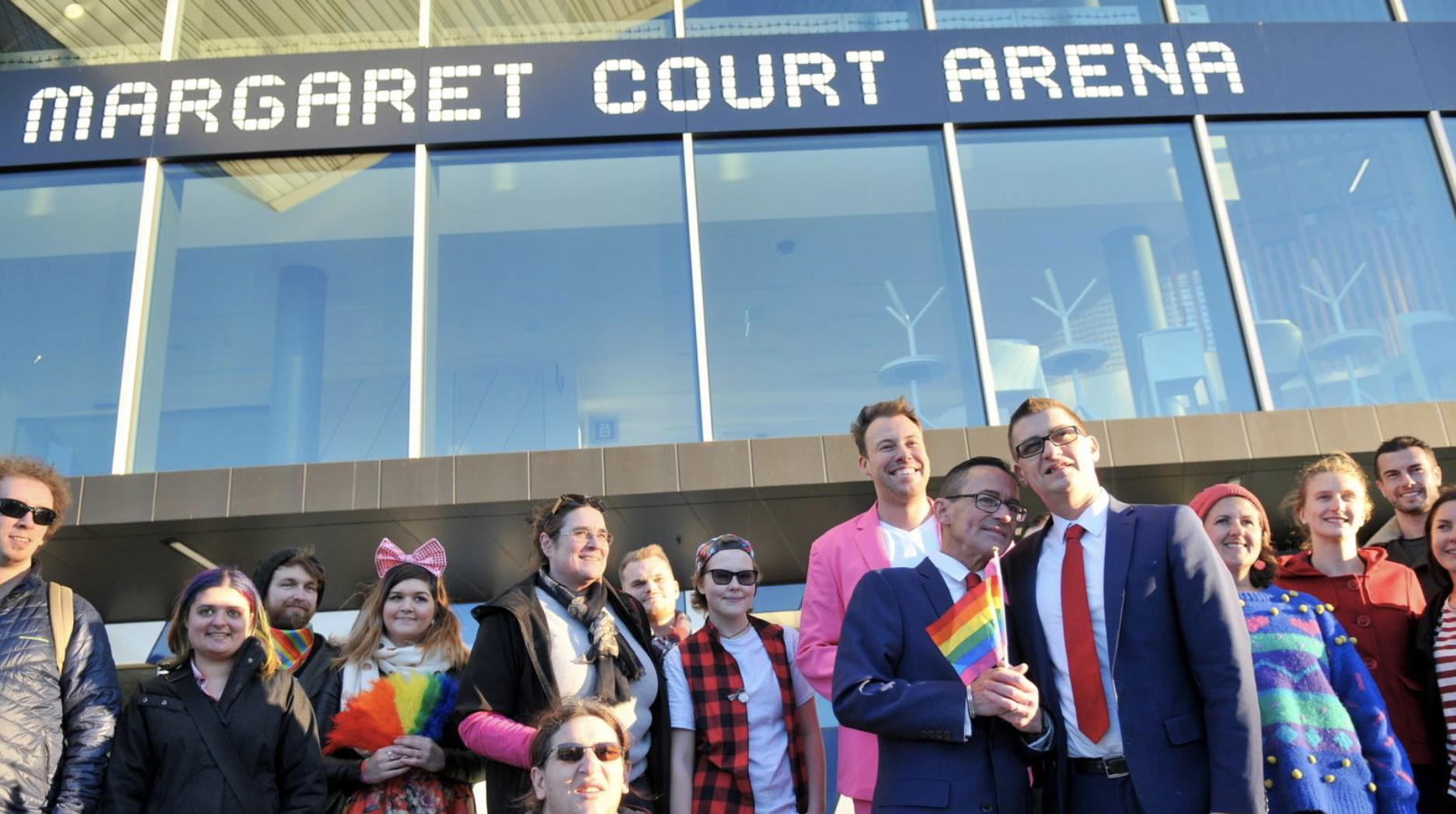 Gay couple ‘married’ outside Margaret Court Arena