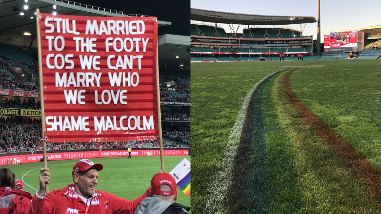 Rainbows flood footy field for Pride Game as Swans triumph