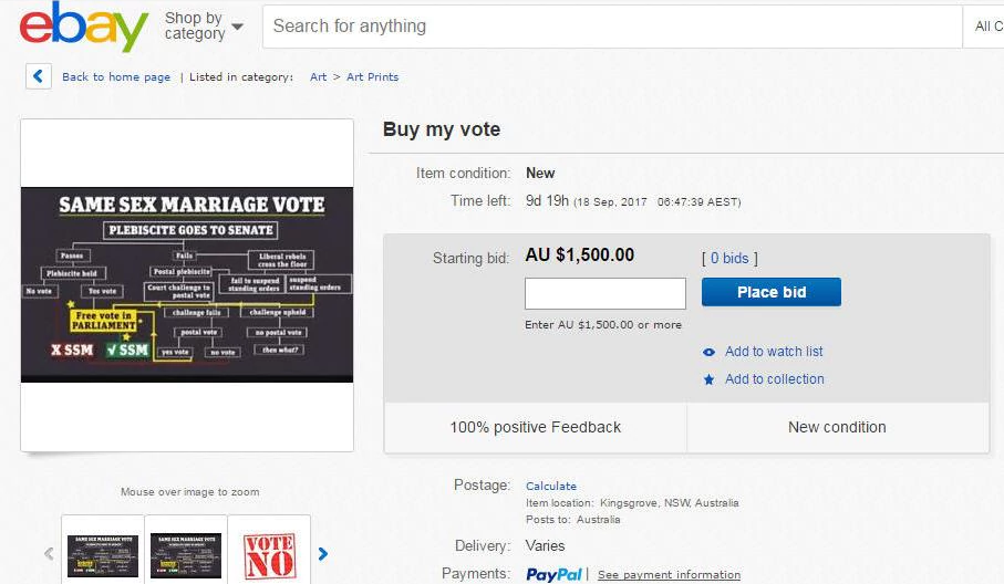 Someone tried to very illegally sell their postal survey vote on eBay