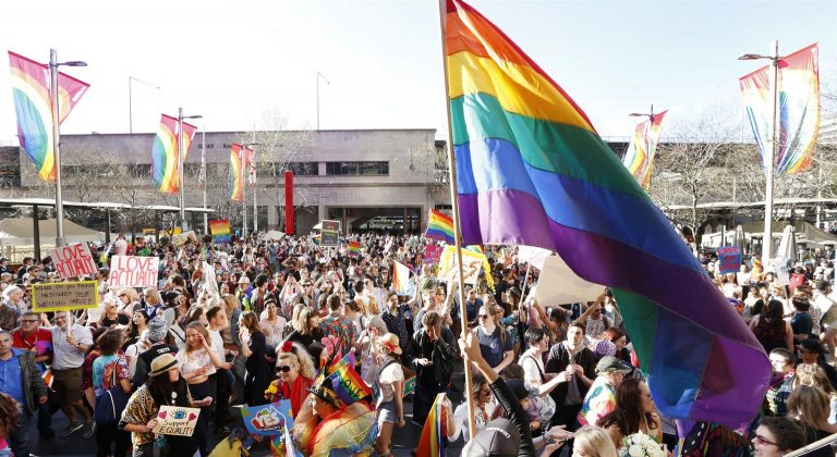 marriage rally rainbow pride senate scene