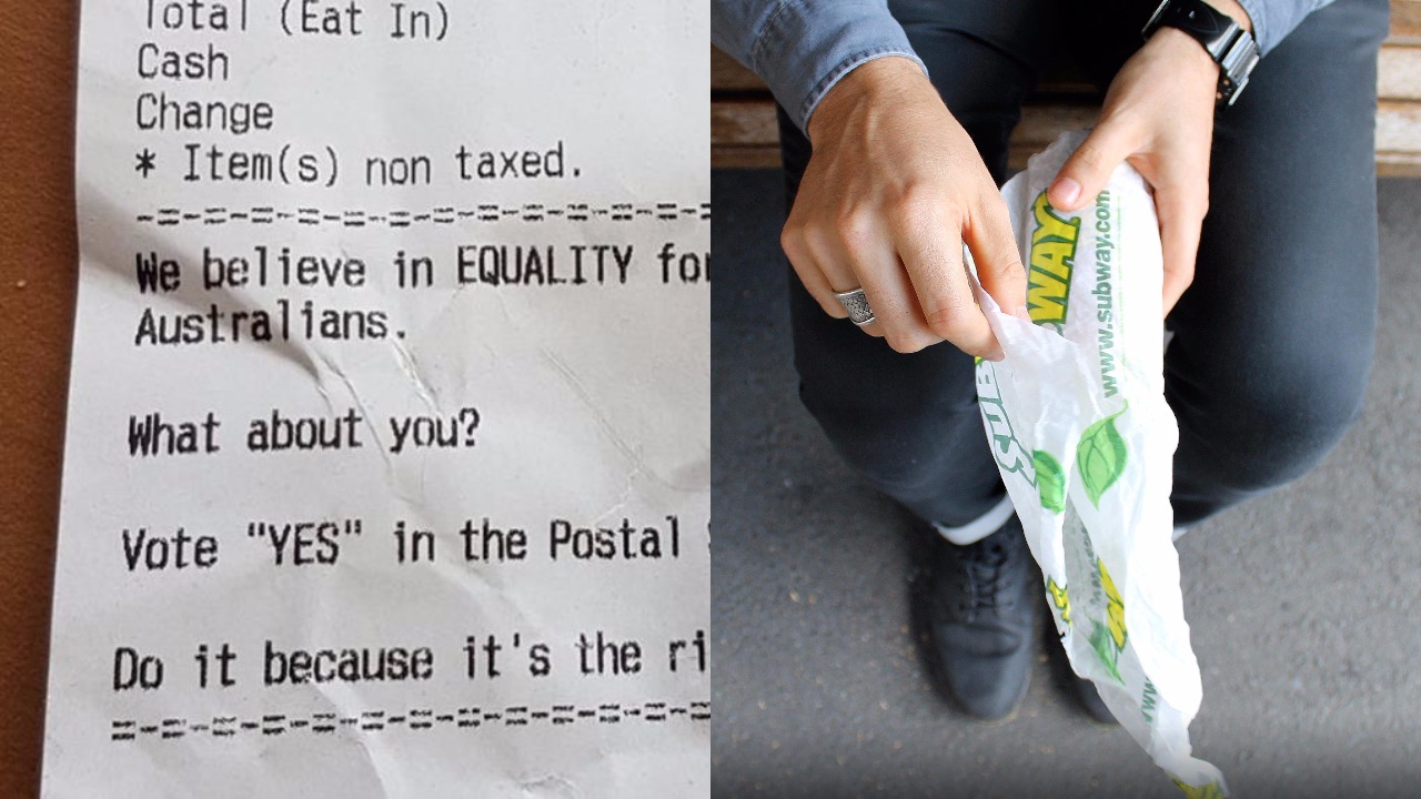 Subway receipt encourages customers to vote yes in postal survey