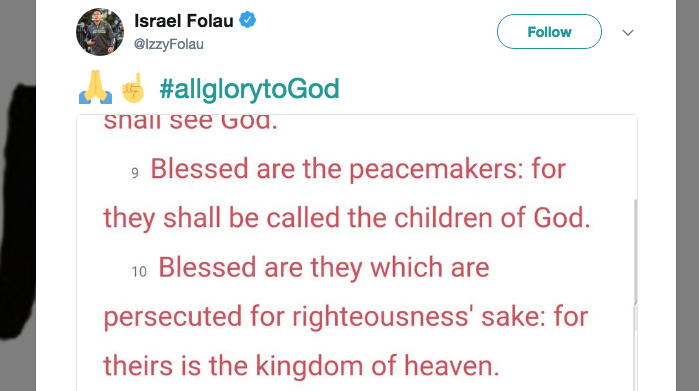 ‘Persecuted for righteousness’ sake’: Israel Folau posts Bible verse on social media
