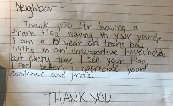 15 year old boy’s gorgeous letter to neighbour over trans pride flag goes viral